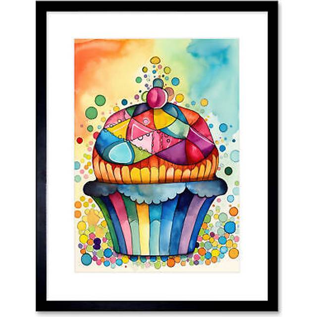 Wall Art Print Cupcake With Colourful Frosting Watercolour Folk Art Painting Kitchen Artwork Framed 9X7 Inch - Black - W7 inch x H9 inch
