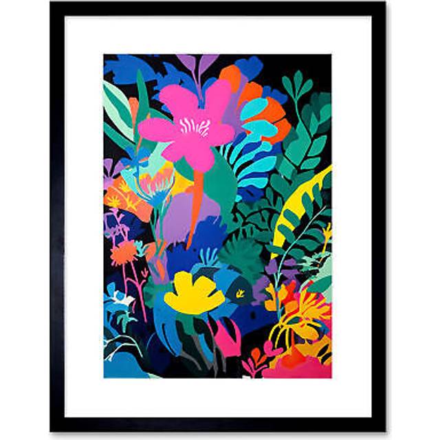 Wall Art Print Henri Matisse Inspired Floral Landscape Acrylic Painting Vibrant Abstract Flowers Artwork Framed 9X7 Inch - Black - W7 inch x H9 inch