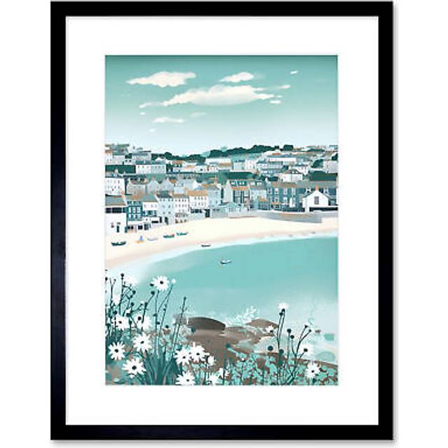 Wall Art Print St Ives Bay Daisies Soft Pastel Coastal Cityscape Artwork Framed 9X7 Inch - Black - W7 inch x H9 inch