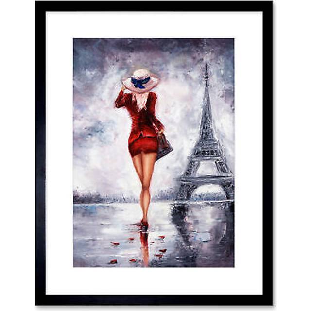 Wall Art Print Lady Wearing Red in Paris Art Framed 9x7 inch - Black - W7 inch x H9 inch
