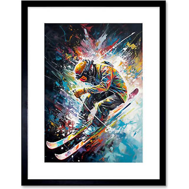 Wall Art Print Skier Skiing Vibrant Splatter Art Motion Painting Artwork Framed 9X7 Inch - Black - W7 inch x H9 inch