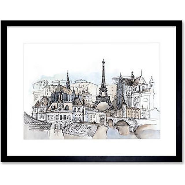 Wall Art Print France Ink Drawing Paris Artwork Framed 9X7 Inch - Black - W7 inch x H9 inch