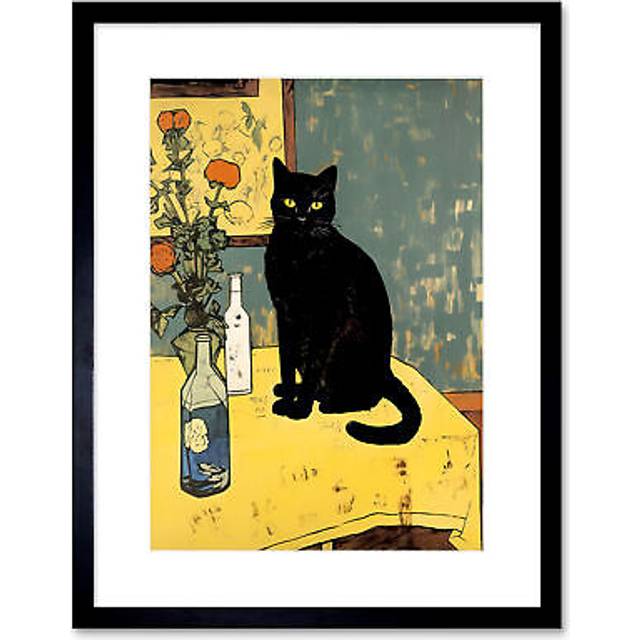Wall Art Print Simple Black Cat on Yellow Table Oil Painting Van Gogh Style Flowers Artwork Framed 9X7 Inch - W7 inch x H9 inch