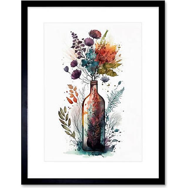 Wall Art Print Wine Bottle with Wildflower Floral Spring Bouquet Artwork Framed 9X7 Inch - Black - W7 inch x H9 inch