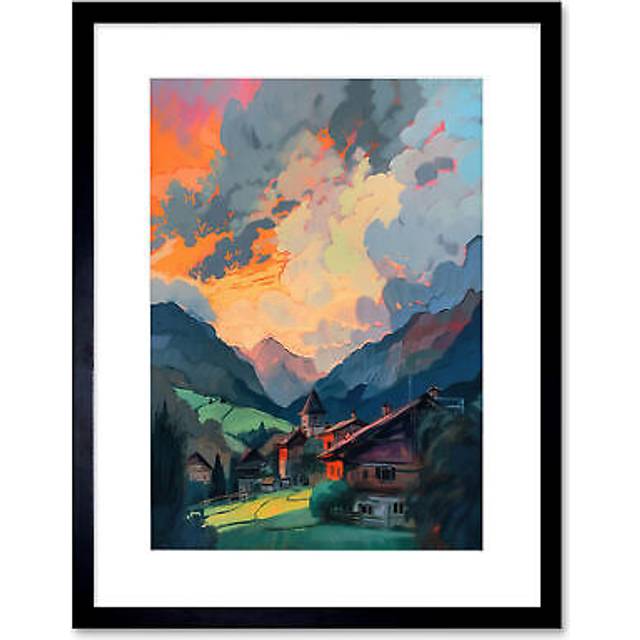 Wall Art Print Small Village in the Alps Atmospheric Clouds Over Cabins at Dawn Modern Watercolour Painting Artwork Framed 9X7 Inch - Black - W7 inch - W7 inch x H9 inch