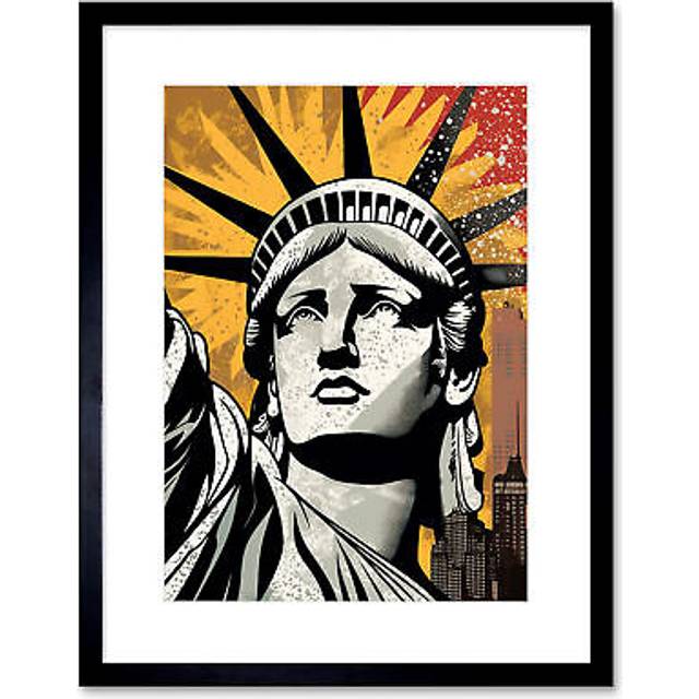 Wall Art Print Statue of Liberty Comic Book Style Black Red Yellow New York City Skyscraper Artwork Framed 9X7 Inch - W7 inch x H9 inch