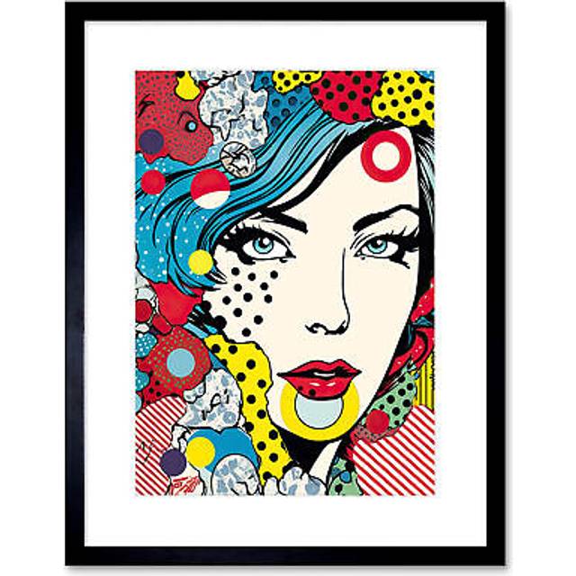 Wall Art Print Woman Blue Eyes Abstract Comic Book Style Portrait Pop Art Bedroom Decor Teen Halftone Artwork Framed 9X7 Inch - Black - W7 inch x H9 i - W7 inch x H9 inch