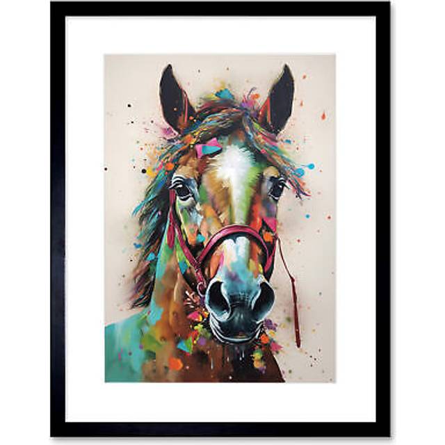 Wall Art Print Horse Multicoloured Spray Paint and Oil Painting Artwork Framed 9X7 Inch - Black - W7 inch x H9 inch