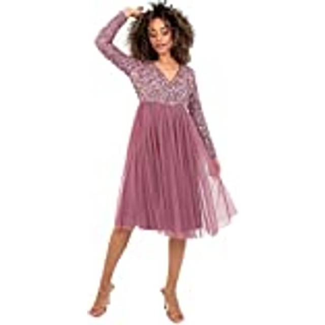 Faux Wrap Embellished Long Sleeve Midi Dress - Rose - 22