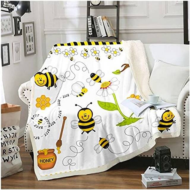Daisy Sunflower Sherpa Blanket Flying Bees Honey Chamomile Flowers Fleece Throw Blanket Springtime Animal Yellow White Fuzzy Blanket for Sofa Bed,Baby