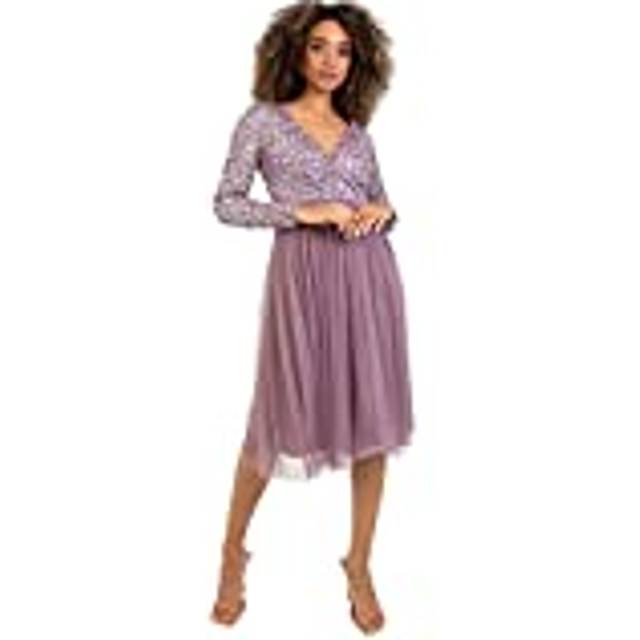 Faux Wrap Embellished Long Sleeve Midi Dress - Lilac - 22