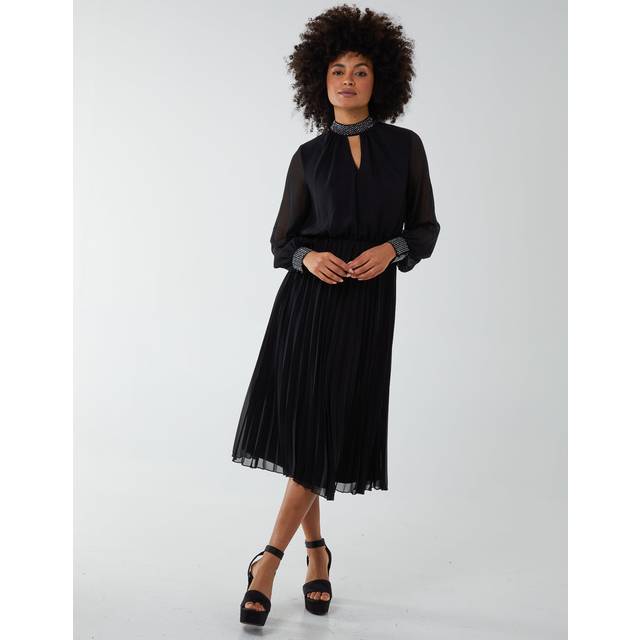 Blue Vanilla Womens Diamante Collar Pleated Skirt Midi Dress - Black - Size 10 UK