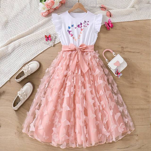SHEIN Tween Girls&#39; Butterfly 3d Flower Design Fashionable, , Comfortable, And Vibrant Dress