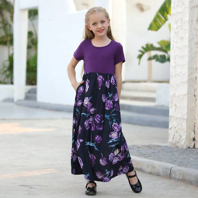 SHEIN Gorlya Tween Girl Loose Casual Vacation Style Short Sleeve Patchwork Floral Print Long Dress, Suitable For Outdoor Walking