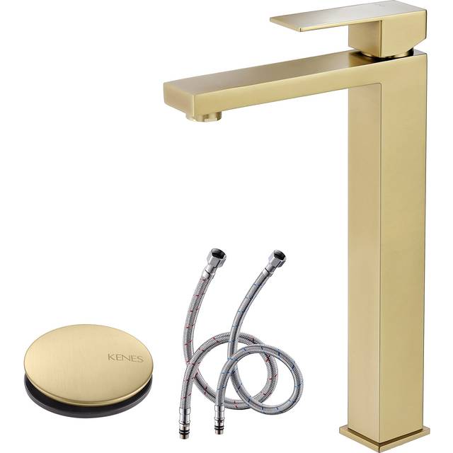 KENES Brushed Gold Tall Bathroom Faucet  Single Handle Bathroom Vessel Sink Faucet Vanity Bathroom Faucet with Water Supply Hose and Pop Up Sink Drain