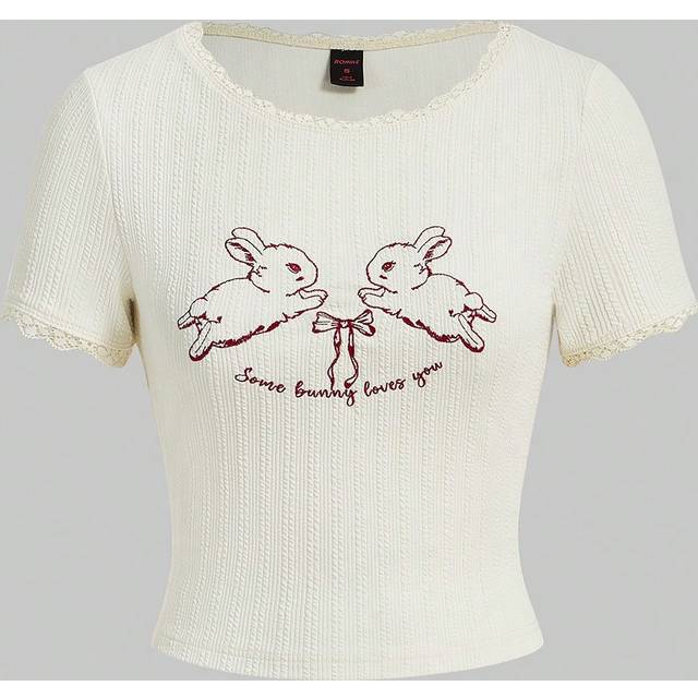 Himekaji Slim Fit Kaninbroderad T-shirt med rund halsringning och spetsdetalj, skola - Aprikos (L,M,S,XL,XS)