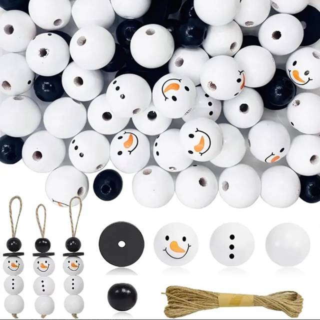 SHEIN 50pcs Christmas Snowman Wooden Beads - Unfinished Winter White Round Wood Beads For DIY Crafting, Holiday Party Home Decor,Christmas