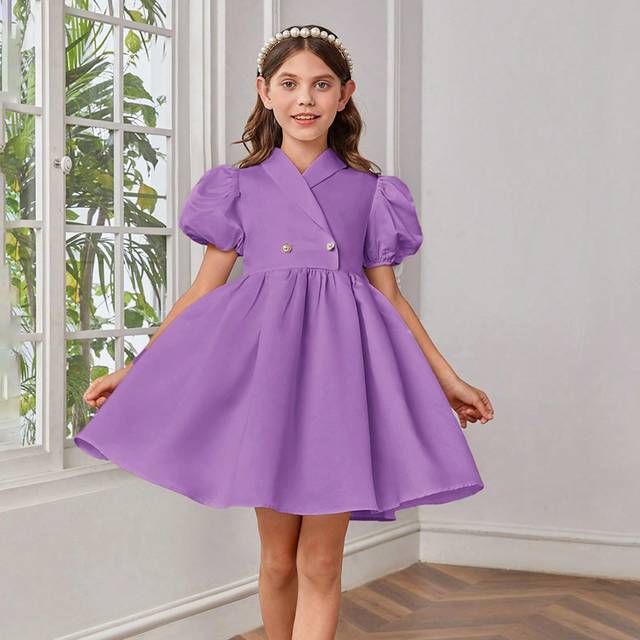 SHEIN Tween Girls&#39; Woven Plain Puff Sleeve Formal Dress