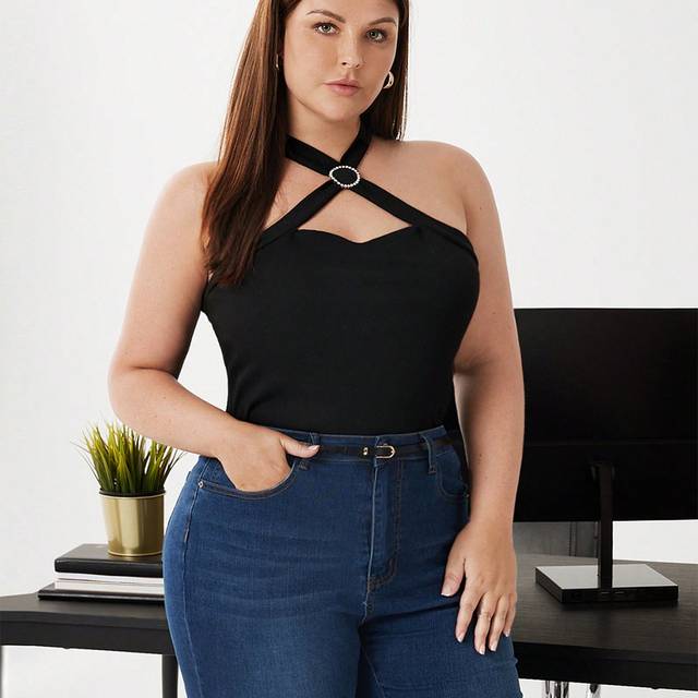 Plus Storlek Enfärgad Halterneck Linnen - Svart (0XL,1XL,2XL,3XL,4XL,5XL)