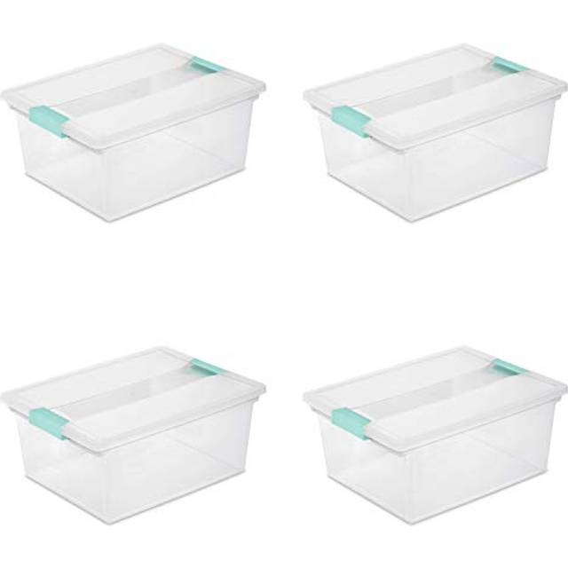Sterilite Deep Clip Box  Stackable Small Storage Bin with Latching Lid  Plastic Container to Organize Paper  Office  Home  Clear Base and Lid  4-Pack