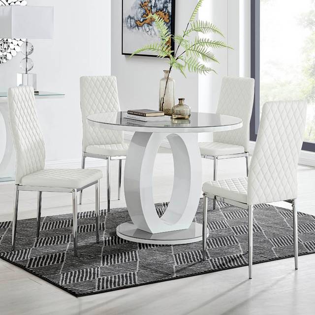 Giovani Round Grey Tinted Glass Dining Table With 4 Milan Chairs Set - White Chairs