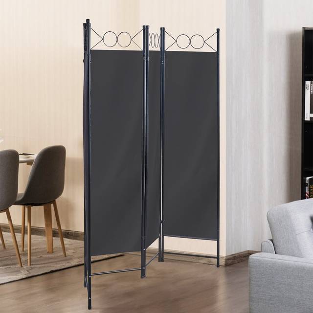 4-Panel Screen, Fabric Room Divider, 164X174cm Movable Folding Screens, Grey - Black (174cm H X 164cm W X 1cm D)