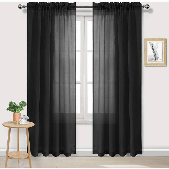 DWCN Black Sheer Curtains Semi Transparent Voile Rod Pocket Curtains for Bedroom and Living Room  52 x 108 inches Long  Set of 2