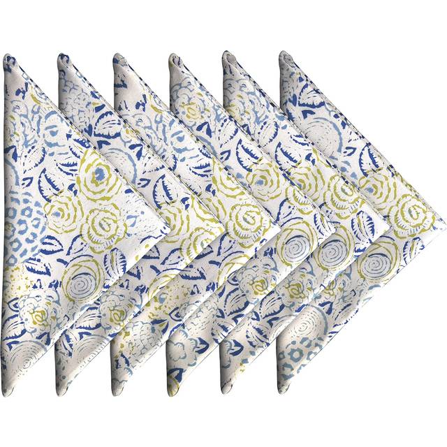 Block Print 100% Soft Cotton Napkins 18x18 inches - Washable Cloth Dinner Napkins Set of 6 - Everyday Use or Dinner Party and Events - White and Blue