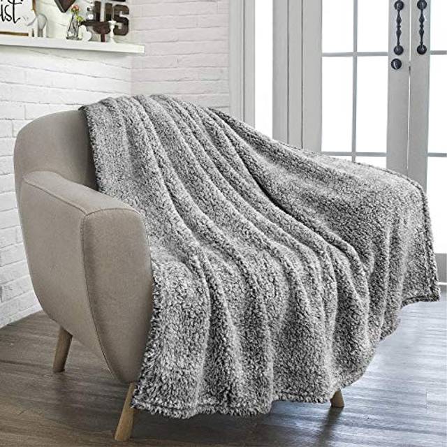 PAVILIA Sherpa Throw Blanket for Couch Sofa  Heather Grey Fluffy Warm Plush Blanket for Bed  Cozy Super Soft Lightweight Throw  Fuzzy Decorative Blank