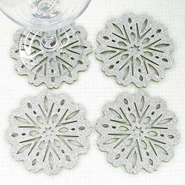 Floral Snowflakes Felt Coasters  Set of 4 (Silver/GREEN REVERSIBLE)
