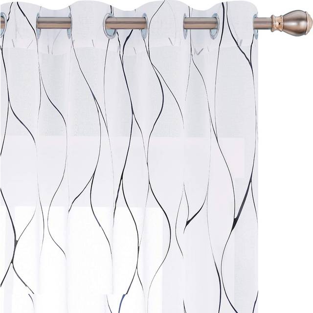Deconovo Black Foil Printed  Wave Pattern  Sheer Curtains - Grommet Top  Linen Look  Voile Draperies for Kids Room 52x72 in  White  2 Panels