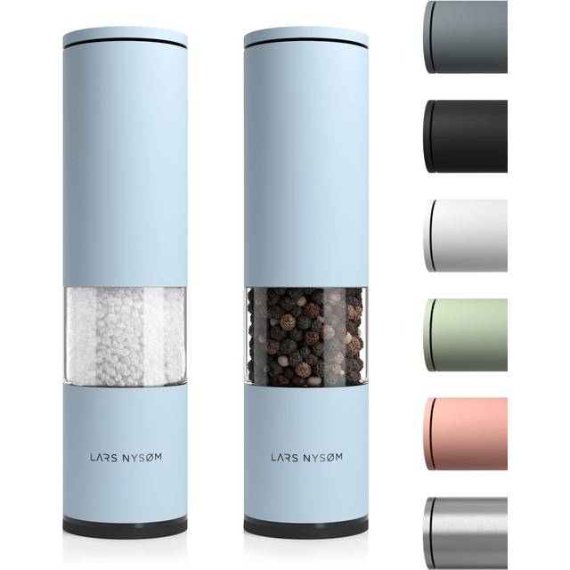LARS NYSØM Salt- och pepparkvarn 2-pack Manuell med justerbar keramisk malverk från grov till fin I Design kryddkvarnset (2 stycken) (Sky Blue)