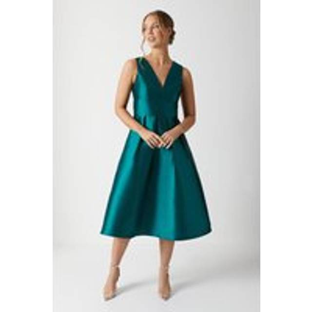 Plunge Neck Structured Twill Midi Bridesmaid Dress - Green - 16