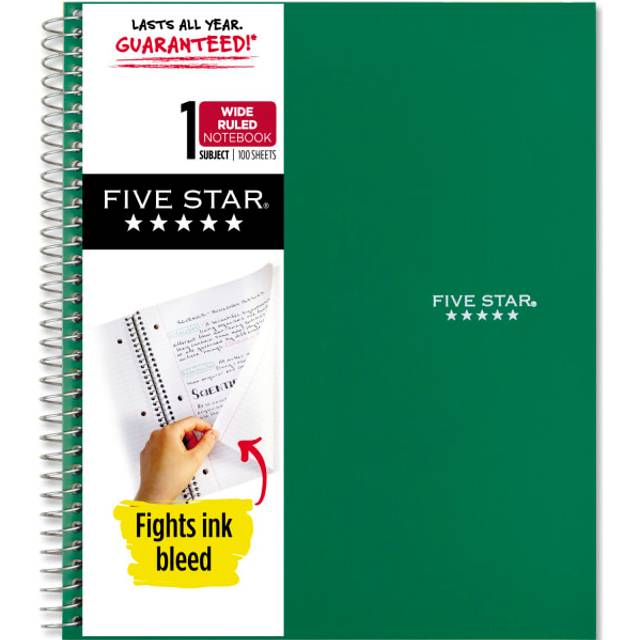 "Five Star Spiral Notebook  1 Subject  Wide Ruled Paper  100 Sheets  10-1/2"""""""" x 8""""""""  Green (72013)"