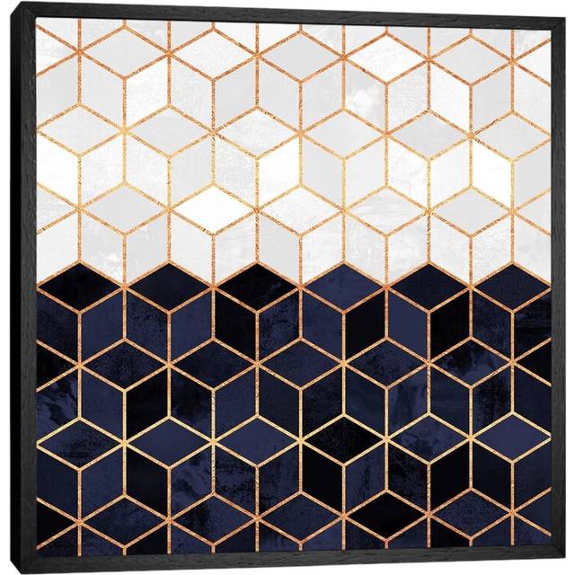 &#39;White and Navy Cubes&#39; - Floater Frame Graphic Art Print on Canvas - Black Framed (66.04cm H x 66.04cm W x 3.81cm D)