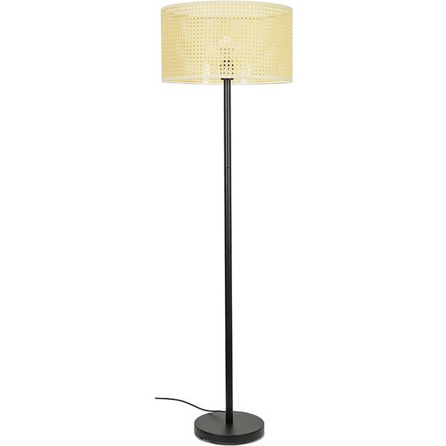 Charlie Black Painted Modern Stem Floor Lamp + Reni XL Wicker Drum Shade + 6W ES LED GLS Bulb