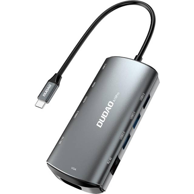 DUDAO 11-i-1 multifunktionell HUB USB typ C – USB typ C PD 60 W/HDMI/3,5 mm minikran/1 x USB 2.0/SD-kortläsare Micro SD/VGA-/RJ45/3 X USB 3.2 Gen 1 grå (A15 Pro grå)