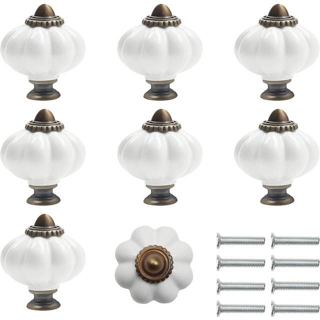 White and Bronze Ceramic Furniture Knob with Pumpkin Shaped Screws (Set of 8) - 3.4 x 3.8 cm - Vintage Round Furniture Knob - For Home, Office