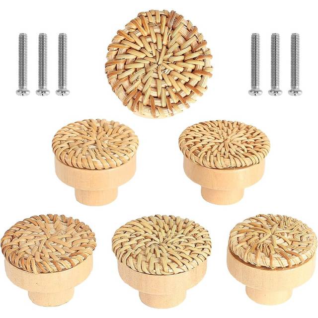 Set of 6 Rattan Furniture Knobs Drawer Knobs, Bohemian Style Door Knobs Round Wooden Drawer Handle for Dresser Wardrobe Kitchen Cupboards