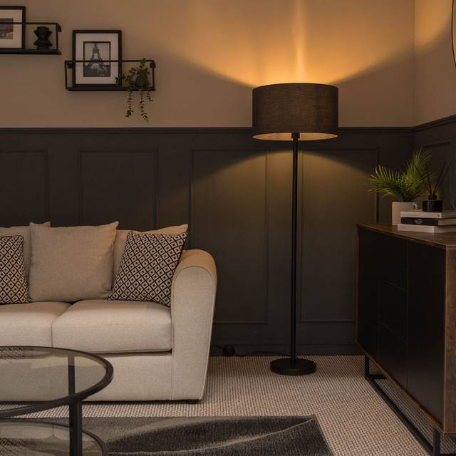 ValueLights Black Charlie Floor Lamp with Large Charcoal Reni Shade