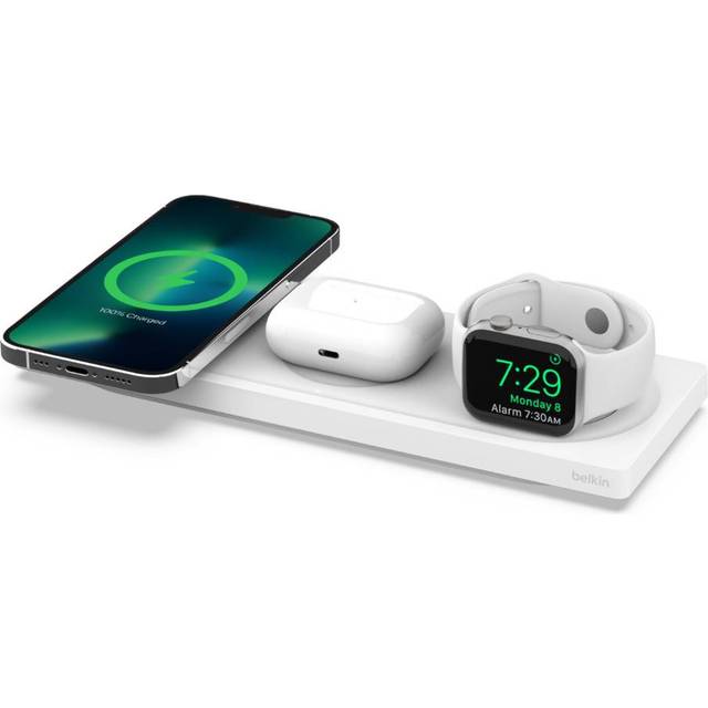 Belkin MagSafe 3-i-1 snabb trådlös laddare, MFi-certifierad snabbladdande reseplatta för iPhone 15, 14, 13, 12, Apple Watch 9, 8, 7, 6, Ultra och tidigare, AirPods 2, och AirPods Pro