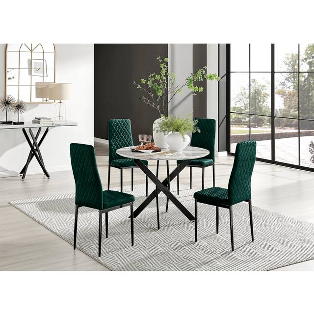 Tierra Modern Chrome Metal & Glass Round Dining Table Set with 4 Quilted Velvet Chairs - Black (4)