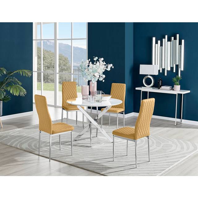 Tierra Modern Chrome Metal & Glass Round Dining Table Set with 4 Quilted Velvet Chairs - Silver (4)
