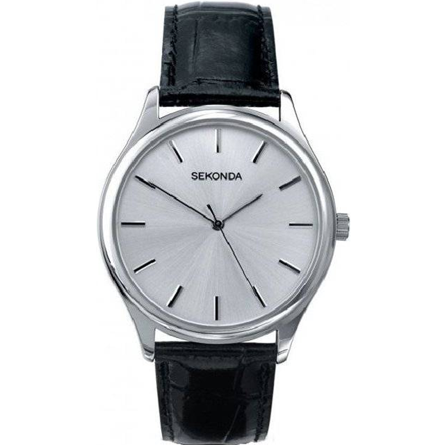 Sekonda Classic Silver & Black Leather Strap Watch 3099