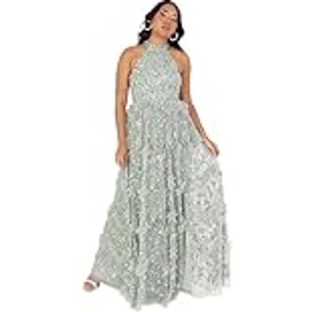 Maya Deluxe Embellished Halterneck Maxi Dress, Green Lily