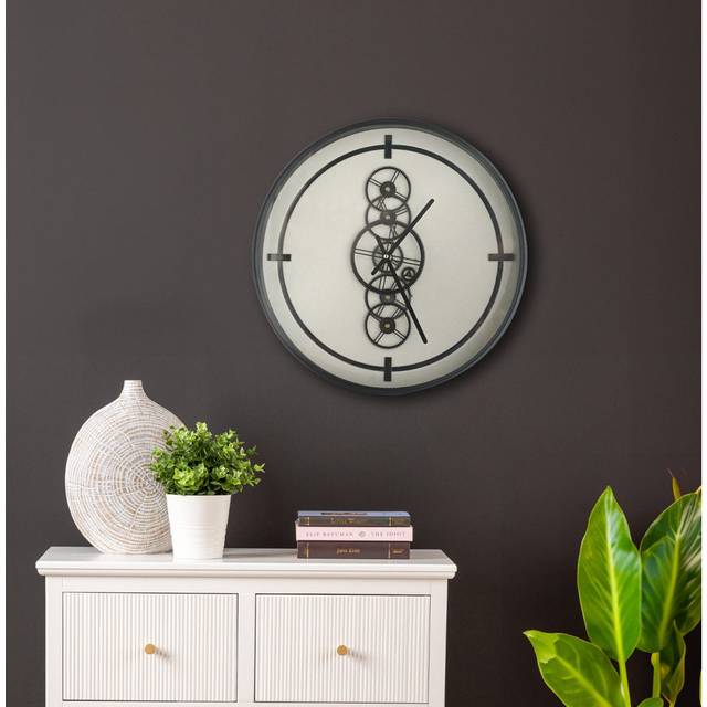 Metal Gears Wall Clock for Living Room Furniture, Round Wall Clock for Bedroom - Black;White (45cm W X 45cm H X 7cm D)