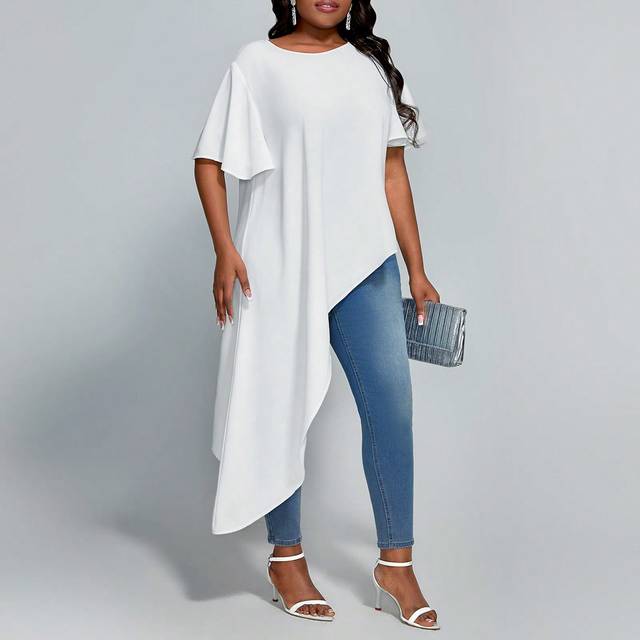 SHEIN Plus Size Asymmetrical Hemline Short Sleeve Flared Blouse