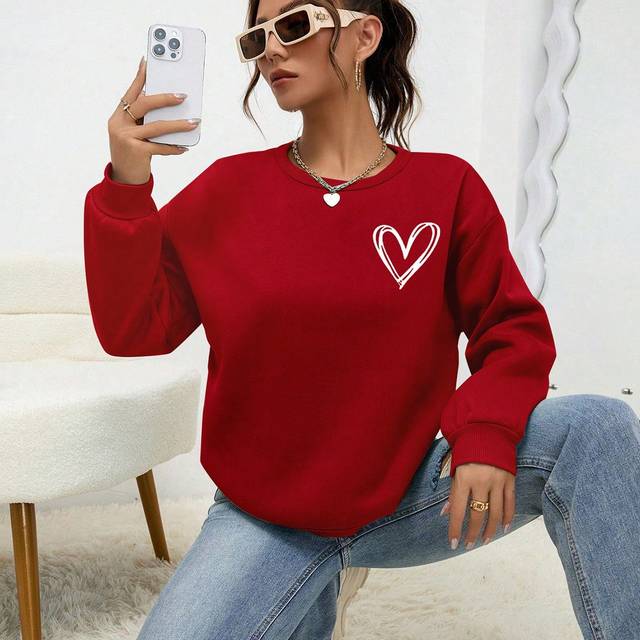 INAWLY Heart Print Drop Shoulder Sweatshirt,Long Sleeve Tops Graduation,Back To School Outfits,Graduation,Teacher Outfits For Women,Back To School