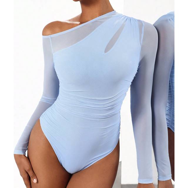 SHEIN Designer Women&#39;s Solid Color Mesh Patchwork Asymmetric Neck Long Sleeve Bodysuit, Festival