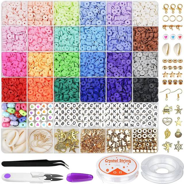 SHEIN 6000 Pcs 24 Colors Flat Round Polymer Clay Beads 6mm Spacer with Pendant Charms Kit and Elastic Strings for Jewelry Making Kit